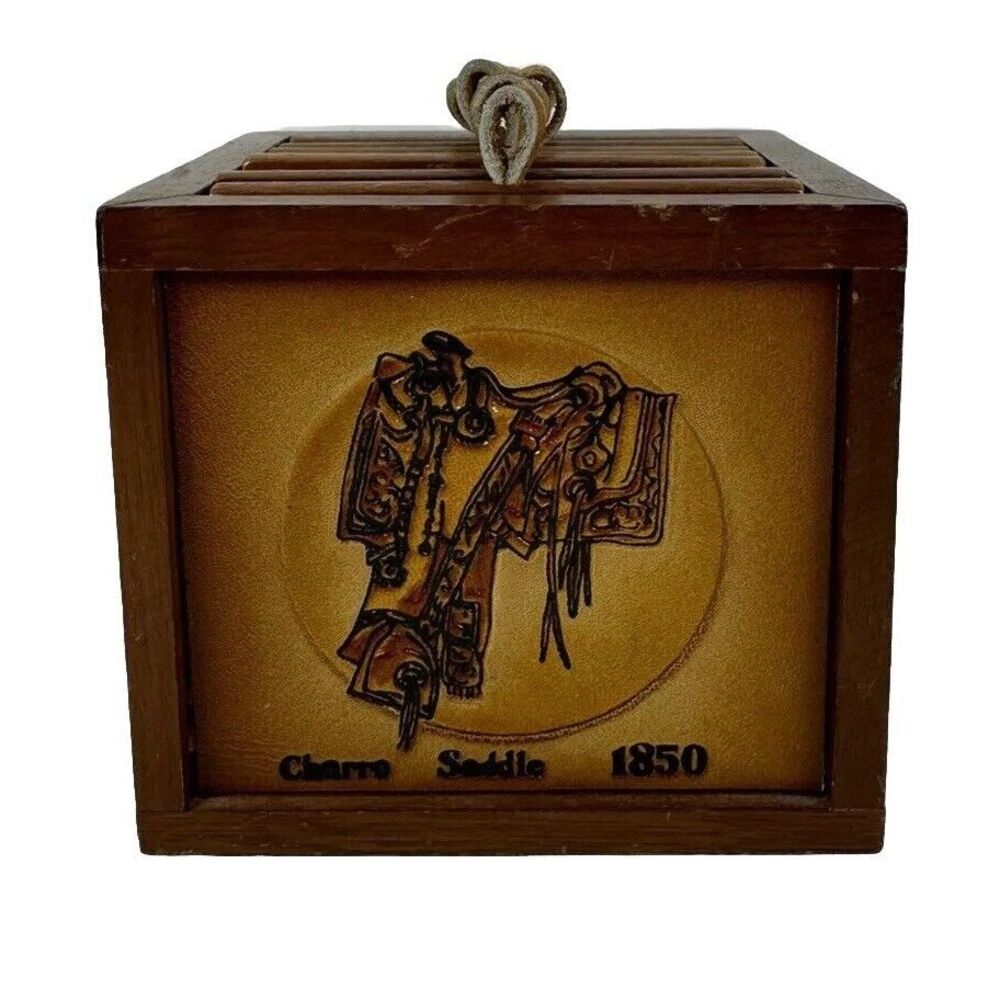 8 Enesco Saddle Coasters Leather Wood Equestrian Retro 1980 Rustic Vintage (8d5)